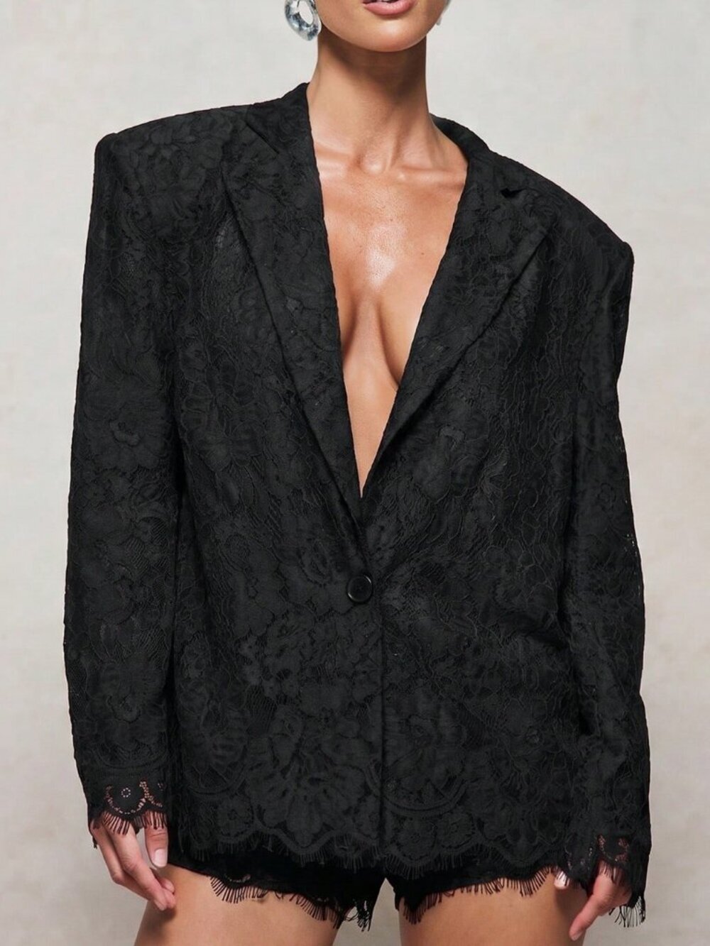 Black Elegant Women's Oversized Lace Deep V Neckline single button Blazer